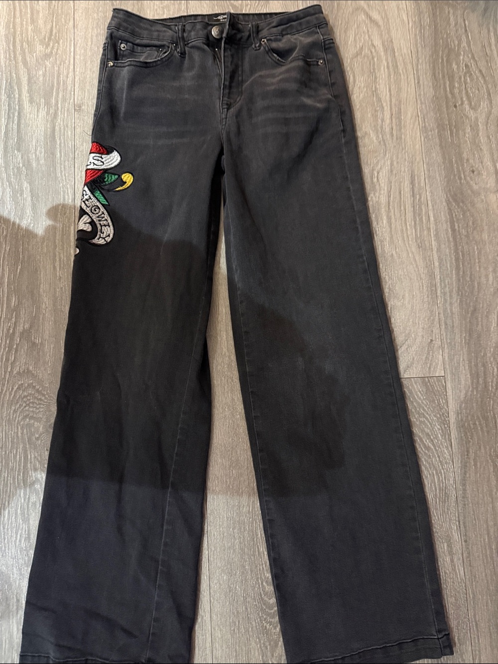 Ed-Hardy Black Wide-Leg Jeans with Embroidered Floral Patch
